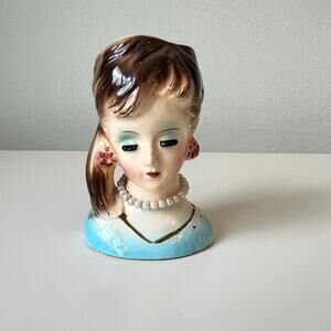 Vtg Lady Head Vase Brown Hair Side Pony Vanity Decor Blue Candle Stick Holder